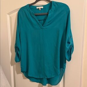 Chaus Turquoise V-Neck Blouse with Roll-Tab Sleeves